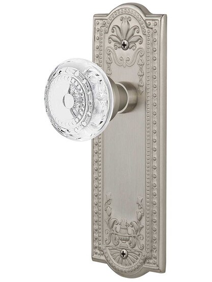 Meadows Door Set with Matching Crystal-Glass Knobs Single Dummy in Satin Nickel.